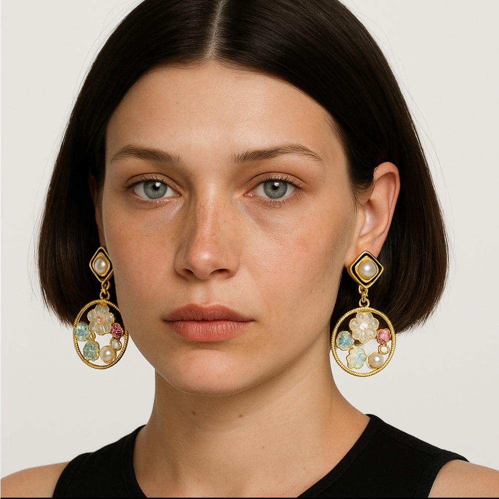Pearl Gem Flower Drop Hoop Earrings